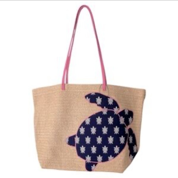 Vera Bradley Handbags - Vera Bradley Ratan Tan Tote Bag with Nautical Turtle Pink Navy Charm; NWOT